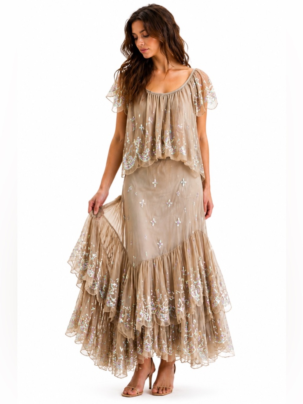 Free People Ciara Shimmer Midi Skirt Set NWT Size L Neutral